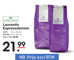  laurentis koffiebonen 1 eerlijke espressobonen licht donker zak kilo gebrand 