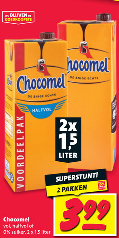  chocomel chocolademelk 2 10 enige halfvol 2x 1 5 liter pakken suiker 3.99 