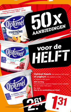  optimel vruchtenyoghurt kwark 1 14 20 25 50 450 500 maandag oktober proteine pot suiker yoghurt perzik passievrucht griekse stijl vet kers laagje fruit aardbei bekers pakken liter beker stuk 5x aanbieding 