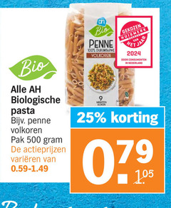  albert heijn huismerk pasta 9 25 100 500 bio biologische penne volkoren pak varieeren durumtarwe minuten koken gekozen jaar consumenten nederland 