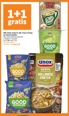  unox soep noodles 1 2 100 300 champignon cup soup 3x mok zak good snacks groente zakjes varieeren romige kaassaus pasta hi kip vernieuwd groenten rijkgevuld hollandse erwten katenspek rookworst rijk vezels eiwitten to 