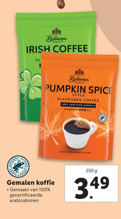  bellarom koffie 100 250 people irish coffee nature pumpkin spice gemalen gemaakt gecertificeerde arabicabonen style flavoured certified arabica strength roast and ground 