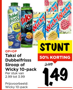  taksi dubbelfrisss wicky fruitdrank 1 10 50 dubbel frisss perzik kca vicky original siroop pack stuk 3.99 