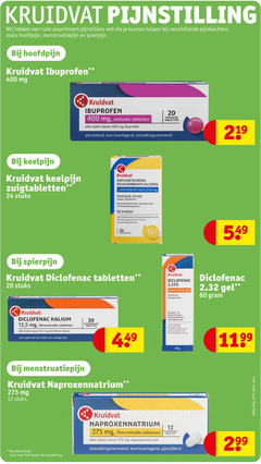  1 12 20 24 60 200 219 400 kruidvat assortiment pijnstillers hoofdpijn menstruatiepijn spierpijn ibuprofen mg keelpijn zuigtabletten stuks omhulde tabletten tablet pijnstillend koortsverlagend ontstekingsremmend amylmetacresol dichloorbenzylalcohol 6 2 honing citroen lidocainehydrochloride 4 zuigtablet boot diclofenac 32 gel kalium 5 filmomhulde gebruik milde pijn spier gewrichtspijn sportblessures bot naproxennatrium geneesmiddel lees 