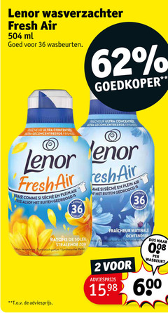  2 36 600 lenor wasverzachter fresh air ml wasbeurten goedkoper ultra geconcentreerde fraicheur frais plein fris buiten gedroogd lavages soleil zon my synthetisch parfum wasbeurt 