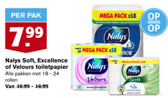  nalys toiletpapier 18 pak soft excellence velours pakken rollen mega pack x18 papieren emballage papier recyclable fluweelzacht hygiene comfort colle 