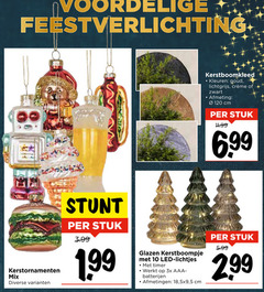  10 120 feestverlichting kerstornamenten mix stuk 3.99 glazen kerstboompje led lichtjes timer 3x batterijen 18 5 cm kerstboomkleed kleuren goud lichtgrijs zwart 5.99 