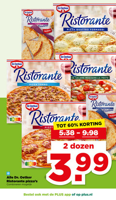  2 60 dr.oetker ristorante diavola piadina nuova pizza quattro formaggi tonno salame mozzarella pesto nutri score dozen 3.99 dr. oetker combineren plus.nl 