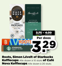 10 11 20 98 329 premium organic coffee dark cafee nova lungo profondo special grind 08 vol   krachtig 20x aluminium capsules simon levelt masterblend smooth intensiteit n     a vroots by neute boom colteergaster starbucks house blend 3.75 -4.99 per doos roots   leevelt of koffiecups alle dozen e  stuks 