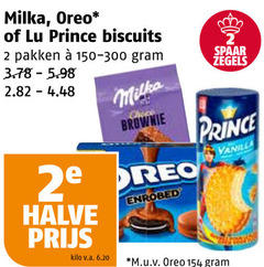  2 milka oreo lu prince biscuits pakken 150-300 2e halve kilo choco brownie spaar zegels vanilla m.u.v 