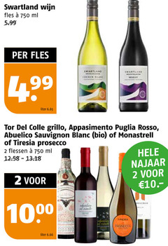  2 750 1000 swartland wijn fles ml 5.99 liter chemin colle grillo puglia rosso sauvignon blanc bio monastrell tiresia prosecco flessen najaar 