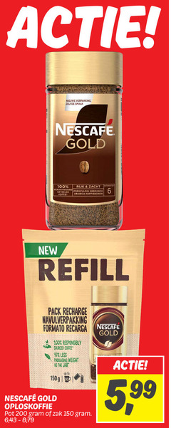  nescafe oploskoffie 6 100 150 200 nieuwe gold rijk zacht intensiteit arabica koffiebonen verantwoord zorgvuldig gebrande geteelde koffie new pack recharge navulverpakking responsibly sourced coffee less packaging weight vs up to pot zak 5 99 