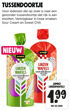  tussendoortje zoek gezonder rijk eiwitten twee smaken sour cream sweet chili jumbo linzen wafels flavour eiwit vezelrijk nutri score pak 