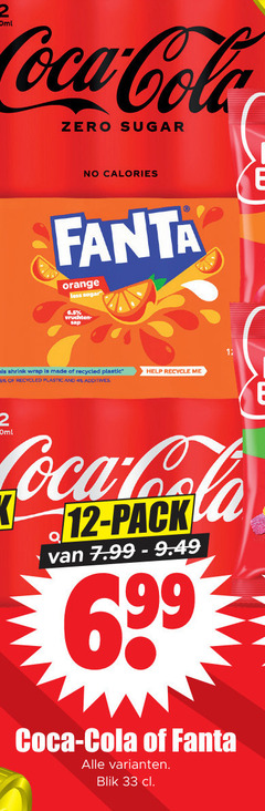  coca-cola fanta cola frisdrank 1 4 12 33 coca zero sugar calories orange less vruchten sap wrap recycled plastic and help recycle pack blik 