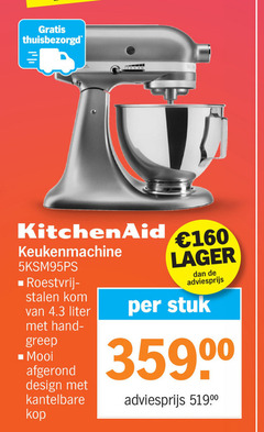  kitchenaid keukenmachine 160 roestvrij stalen kom liter afgerond design kantelbare kop stuk 