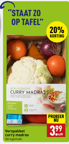  2 3 20 30 300 tafel verspakket wereldgerecht curry madras bloemkool paprika tomaat ui kokosmelk currypasta limoen rode peper kipfilet blokjes coco minuten porties 