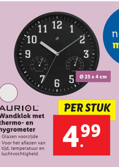  1 4 5 6 7 9 10 11 12 23 25 cm auriol wandklok thermo hygrometer voorzijde aflezen temperatuur luchtvochtigheid stuk 