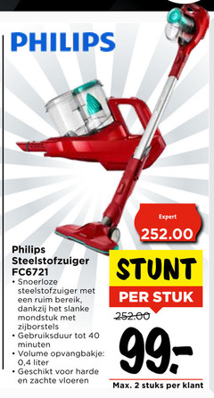  2 40 philips steelstofzuiger snoerloze bereik slanke mondstuk zijborstels gebruiksduur minuten volume opvangbakje 4 liter harde zachte vloeren expert stuk stuks 