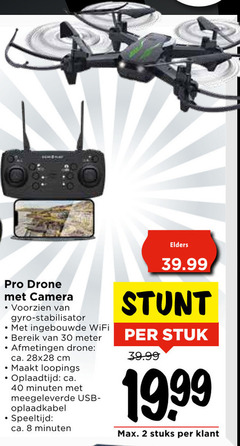  drone 2 8 30 40 pro camera gyro stabilisator ingebouwde wifi bereik meter ca. cm loopings oplaadtijd minuten usb oplaadkabel speeltijd elders stuk stuks 