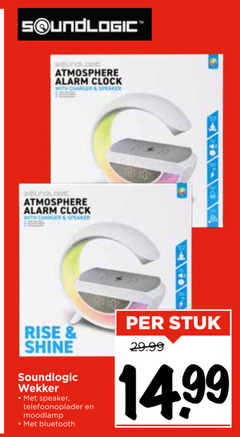  soundlogic atmosphere alarm clock with charger speaker rise shine wekker telefoonoplader bluetooth stuk 