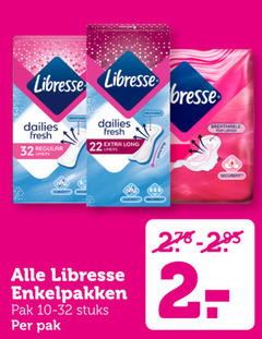  22 32 libresse dailies fresh regular liners breathable absorbent enkelpakken pak 10-32 stuks bresse top layer securefit 