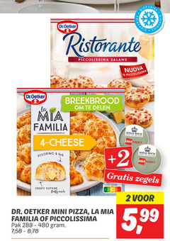  2 4 12 diepvries dr.oetker ristorante piccolissima salame nuova breekbrood delen mia familia cheese pecorino herbs crispy outside fluffy inside royal boch since belgium zegels nutri score dr oetker mini pizza la pak 7 8 5 99 