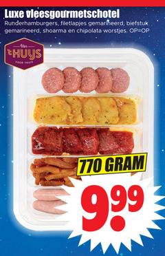  luxe vleesgourmetschotel runderhamburgers filetlapjes gemarineerd biefstuk shoarma chipolata worstjes thuis 