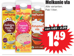  melkunie vla 1 bolletjes vanille crunchy knapperige chocolade tropisch karamel fruit stukjes cocktail zacht romig pak liter 