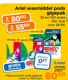  3 8 100 ariel wasmiddel 3. 2. gigapak stuks stuk giga pack rapid lenor color fraicheur longue duree semaine week verzending pod 