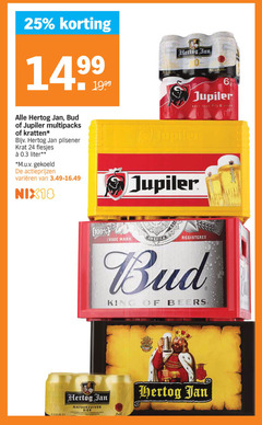  hertog jan bud jupiler blikjes bier krat 6 18 24 25 100 multipacks kratten pilsener liter m.u.v gekoeld varieeren elle trade america king beers natuurzuiver 