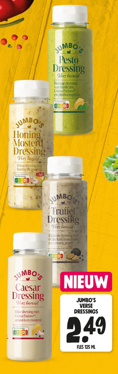  2 honing mosterd dressing vers bereid frisse nutri score pesto romige basilicum grana padano pijnboompitten jumbos truffel elegante italiaanse zwarte peper caesar rijke ansjovis verse dressings fles ml 