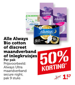  2 9 10 50 always discreet protection integrale ultra secure night bio cotton maandverband inlegkruisjes pak stuks 