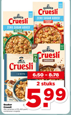  2 4 quaker added sugars sweeteners zero sugar apple pecan cinnamon strawberry peach new same taste cruesli nuts fibers artificial flavours colours and preservatives chocolate belgische stuks chocolade natural only 5.99 combineren 