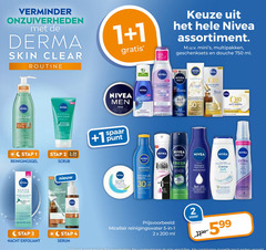  1 2 3 4 5 30 50 200 750 verminder onzuiverheden derma skin clear routine nivea assortiment multipakken geschenksets douche ml men stap reinigingsgel scrub week kin spaar punt soothing anti protect black fresh white sensation invisible creme soft 72h 5-in-1 core reinigingswater combinatie combinaties vermeld nacht exfoliant serum 