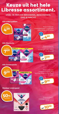  2 10 18 50 1000 libresse assortiment fris maximaal beschermd dag nacht enkel pakken big 7 pack 9 maandverband goodnight ultra wing stuks jumbo wasbaar ondergoed dailies underwear -700 normal menstruatie 