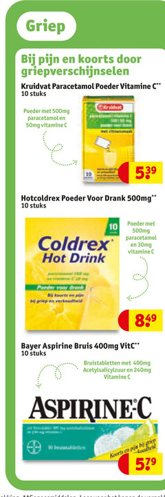  10 griep pijn koorts griepverschijnselen kruidvat paracetamol poeder vitamine stuks 500mg 50mg hotcoldrex drank coldrex hot drink be verkoudheid bayer aspirine bruis bruistabletten acetylsalicylzuur koudheid 