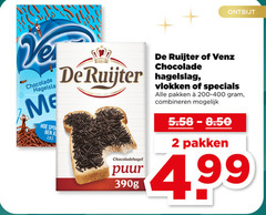  de ruijter venz boterhamvlokken hagelslag 2 1860 ontbijt chocolade chocoladehagel puur 390g vlokken pakken combineren 