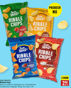  2 250 sun snacks ribble chips bolognese flavour cheese onion paprika naturel nutri score ribbelchips combineren stuk 