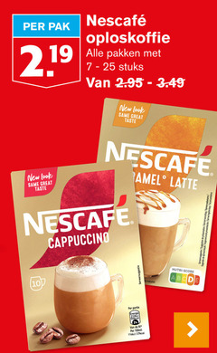  nescafe oploskoffie 2 10 19 25 pak pakken stuks new same taste cappuccino latte serveersuggestie suggestion rom energie 100ml nutri score 