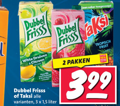  taksi dubbelfrisss fruitdrank 2 3 10 dubbel frisss witte druiven citroen 1 5 liter pakken tropisch fruit 3.99 