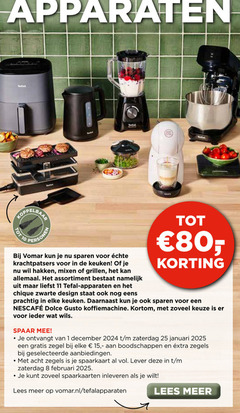  spaarakties 1 8 10 11 15 25 80 apparaten tefal personen sparen krachtpatsers keuken hakken mixen grillen assortiment namelijk zwarte design dolce gusto koffiemachine spaar ontvangt december zaterdag januari zegel zegels spaarkaart lever inleveren lees vomar.nl 