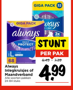  32 giga pack always 3x l daily protect inlegkruisjes maandverband soorten pakken stuks pak 