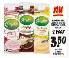  campina vla 2 anno zacht luchtig framboos dubbelvla chocolade vanillesmaak volle vanille vlaflip limited edition 3 50 pakken 750-1000 ml 