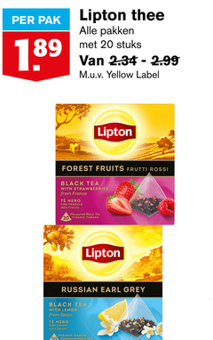  lipton thee 20 pak pakken stuks yellow label forest fruits frutti rossi black tea with strawberries from france tee nero dalla francia flavoured pyramid teabags russian earl grey lemon spain limoni 