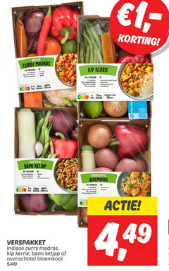  groentenpakket 1 2 4 30 300 indiase curry madras 30mm groente pers kip kerrie elle tip geroosterde amandelschaafsel cashewnoten zoetzure komkommer oosterse bami ketjap pp verspakket ovenschotel bloemkool 5 fruit geraspte 