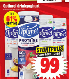  optimel drinkyoghurt 1 3 5 25 32 46 64 99 100 200 pak liter proteine banaan limoen pro framboos mango aardbei vet suiker ml 