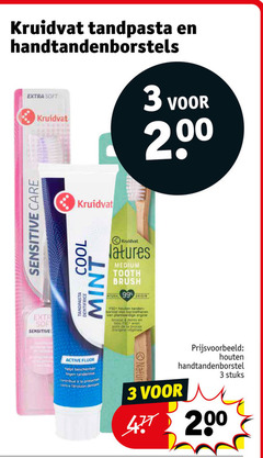  kruidvat huismerk tandpasta tandenborstel 3 99 200 handtandenborstels soft sensitive care dentifrice cool mint medium tooth brush naturel fsc houten tanden borstel borstelharen plantaardige brosse dents bois avec la origine active fluor beschermer tanderosie protect denta natur handtandenborstel stuks 