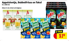  taksi dubbelfrisss appelsientje fruitdrank 1 2 6 12 40 100 200 ml vleugje zuivel fruit drink appel pomme volle fruitige dubbel frisss boost perzik vel suiker tropisch rijk vitamine mat pak 4 11 verfrissend boordevol 