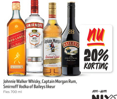  captain morgan johnnie walker smirnoff baileys likeur whisky rum wodka 17 20 700 1864 cm red label blended scotch john established vodka botten times filtered genuine original quality spiced gold smooth finish caribbean with spice and other natural flavours spirit drink produced by co irish cream ireland fles ml 