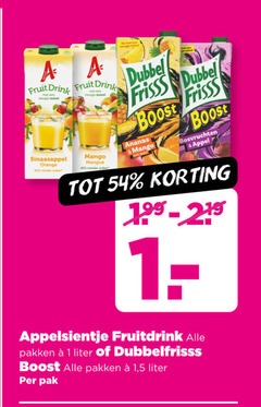  appelsientje dubbelfrisss fruitdrank 1 40 aa fruit drink vleugje sinaasappel orange minder mango mangue suiker dubbel frisss boost ananas bosvruchten appel fruitdrink pakken liter 5 pak 